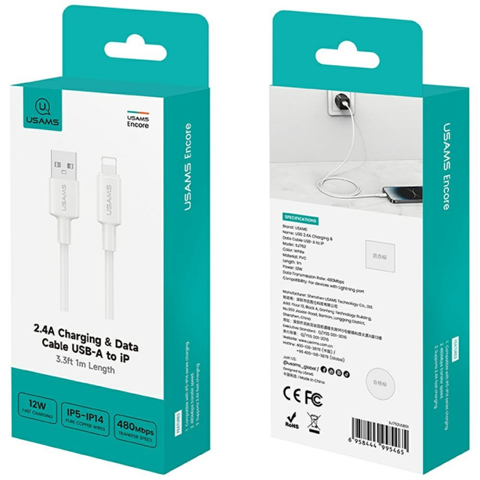 Kabel USAMS U90 2.4A USB-A do Lightning  biały