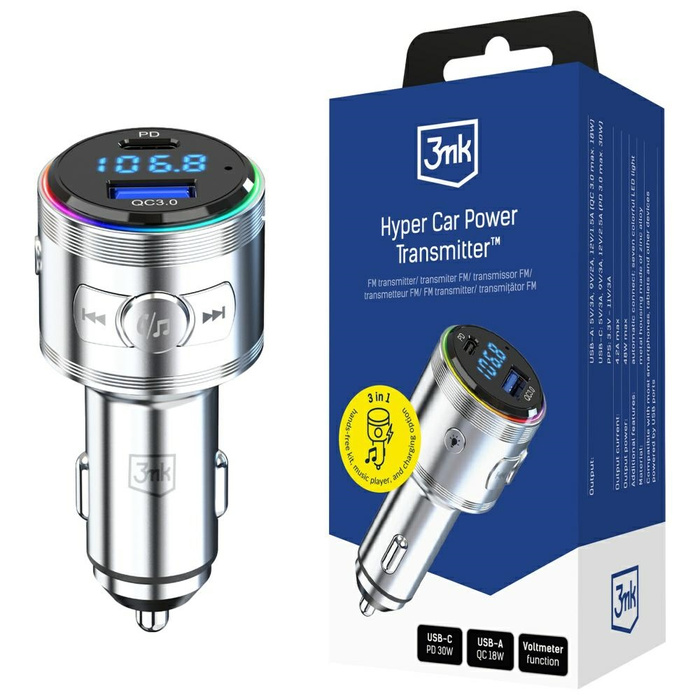 Ładowarka samochodowa 3MK Hyper Car      Power Transmitter 48W QC PD PPS USB-C/USB-A z transmiterem audio srebrny