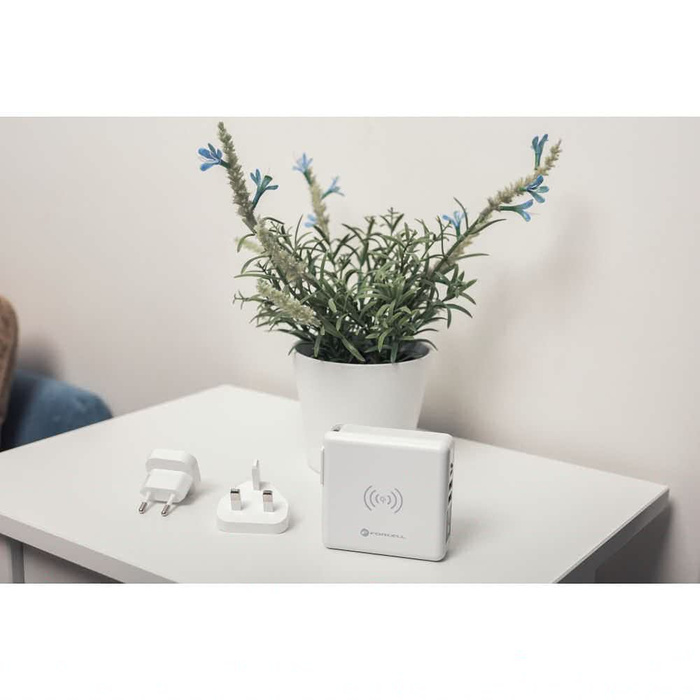 Wielofunkcyjna ładowarka Forcell F-Energy 4w1 2 x USB A + USB C 15W + power bank 8000mAh + ładowanie bezprzewodowe biała