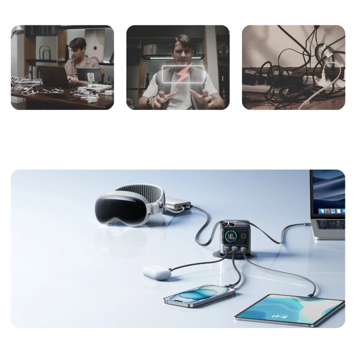 Ładowarka biurkowa Joyroom Podix JR-TRD01 GaN 140W z 5 portami i podwójnymi zwijanymi kablami - szara