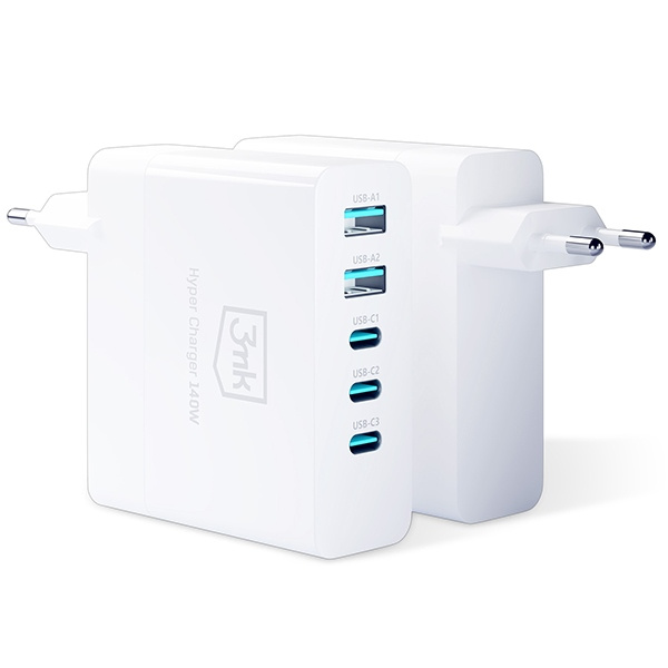 3MK HyperCharger 140W 3xUSB-C + 2xUSB ładowarka sieciowa GAN, PD+QC