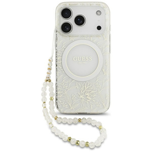 Etui Guess IML Flowers Electro Pearl Strap MagSafe do iPhone 17 Pro biały