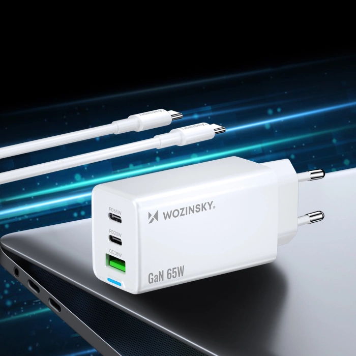 Wozinsky ładowarka GaN 65W z portami USB 2xUSB-C z kabelm C-C 65W - biała
