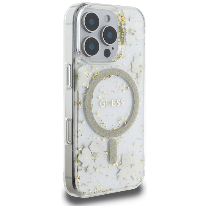 Etui Guess Resin Flowers Glitter MagSafe do iPhone 16 Pro Max beżowy