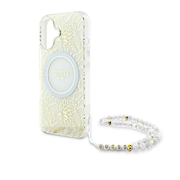 Etui Guess iPhone 16 Plus 6.7" biały/white hardcase IML Flowers Allover Electro With Pearl Strap MagSafe