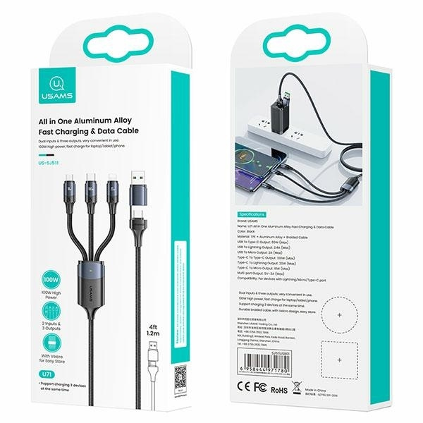 USAMS Kabel U71 3w1 1.2m 6A Fast Charge czarny/black (USB/USB-C na lightning/microUSB/USB-C) SJ511USB01 (US-SJ511)