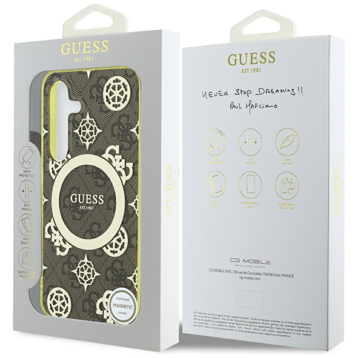 Etui Guess 4G Background Gold             Electroplated Peony Pattern MagSafe do Samsung Galaxy S25 brązowy