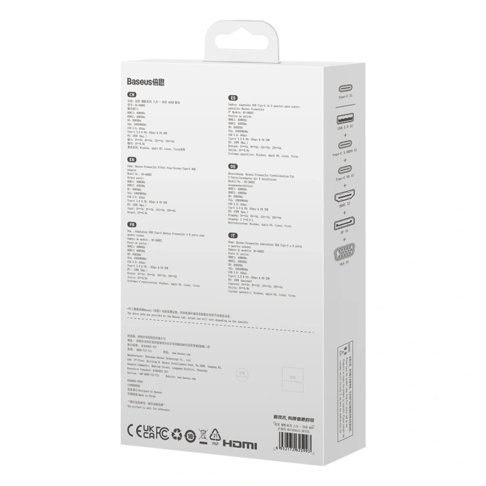 Hub USB-C 8w1 Baseus PioneerJoy HDMI 4K@60Hz + HDMI 4K@30Hz + DisplayPort 8K@30Hz + VGA + 2 x USB-A 3.0 + 2 x USB-C - szary