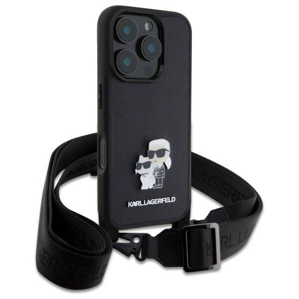 Etui Karl Lagerfeld iPhone 16 Pro czarny/black hardcase Saffiano Karl&Choupette Metal Pin CBDY Strap