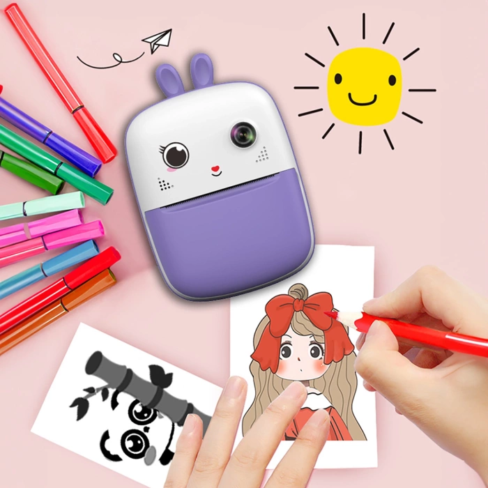 Mini drukarka termiczna dla dzieci z aparatem fotograficznym i kamerą - fioletowa