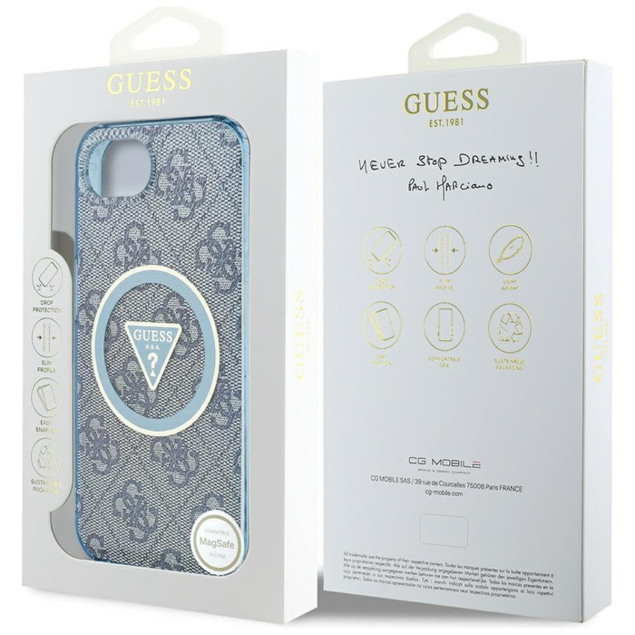 Etui Guess IML Metal Glitter 4G Circle   Triangle MagSafe do iPhone 16e niebieski