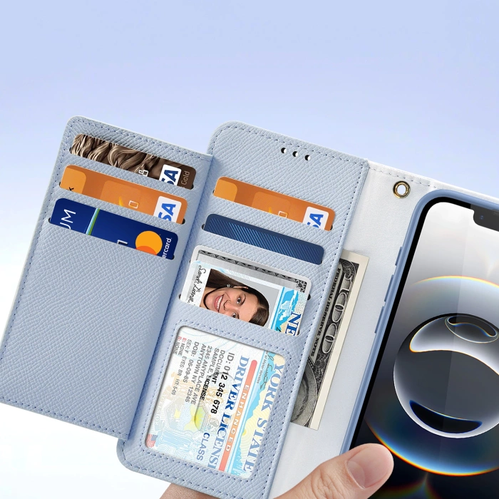 Etui skórzane Dux Ducis Lawa na iPhone 16e z odłączanym portfelem magnetycznym - błękitne