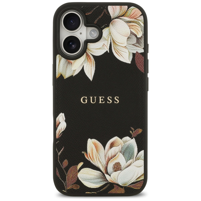 Etui Guess Grained Flowers Classic Logo  MagSafe do iPhone 17 czarny