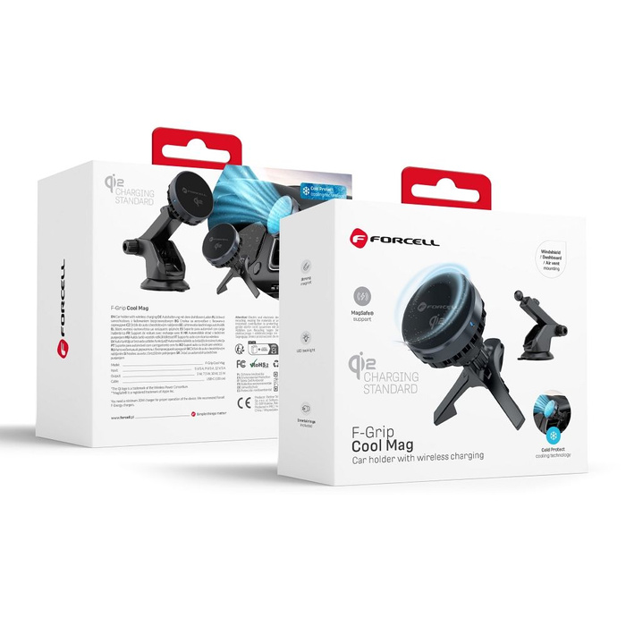 Uchwyt na telefon do samochodu magnetyczny zgodny z MagSafe Forcell F-Grip Cool Mag z technologią chłodzenia Cold Protect Qi2 15W do szyby / deski / kratki czarny