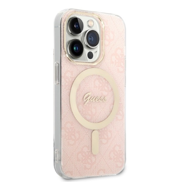 Zestaw Etui Guess Case+ Charger iPhone 14 Pro 6,1" różowy/pink hard case 4G Print MagSafe