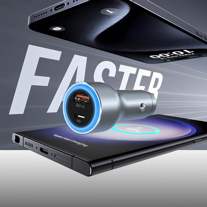 Ładowarka samochodowa Dudao R4Ultra 120W Power Delivery Quick Charge LED USB-A USB-C - szary