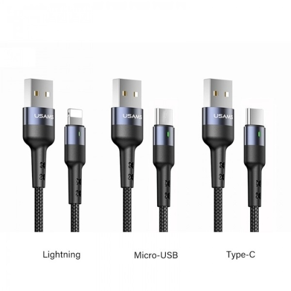 Kabel Pleciony USAMS MicroUSB USB-C Lightning 2A Fast Charging 1m U26 30szt Czarny