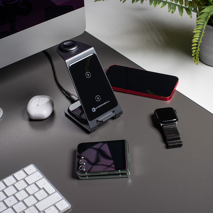 Ładowarka indukcyjna Forcell F-Energy 3w1 Simply Charge aluminiowa kompatybilna z Apple Watch i Samsung Watch szara