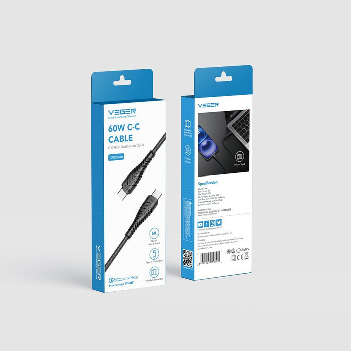 Kabel USB C do USB C VEGER PD 3A 60W 1,2 m V106 czarny