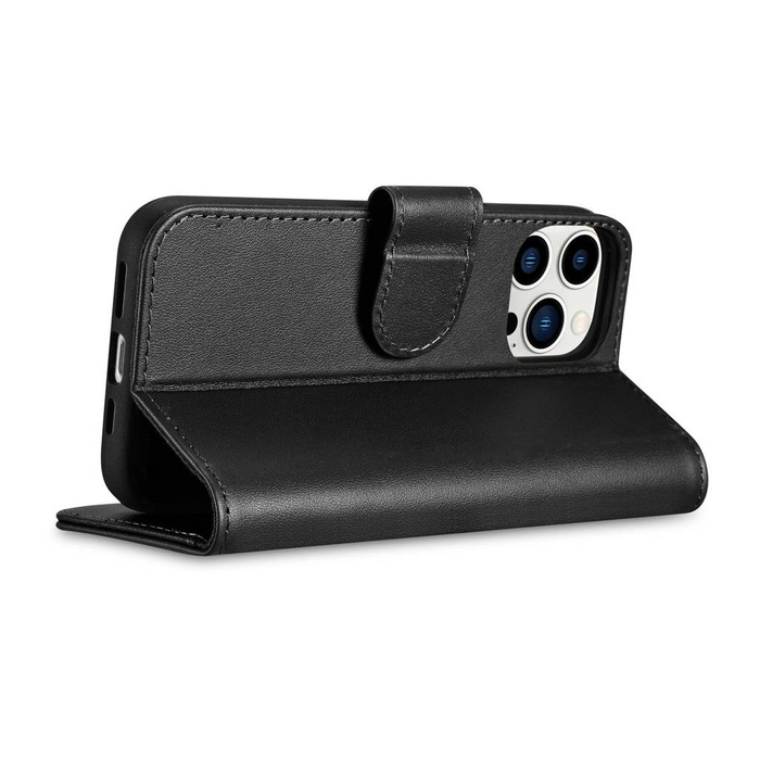 iCarer Wallet Case 2in1 etui iPhone 14 Pro skórzany pokrowiec z klapką Anti-RFID czarny (WMI14220726-BK)