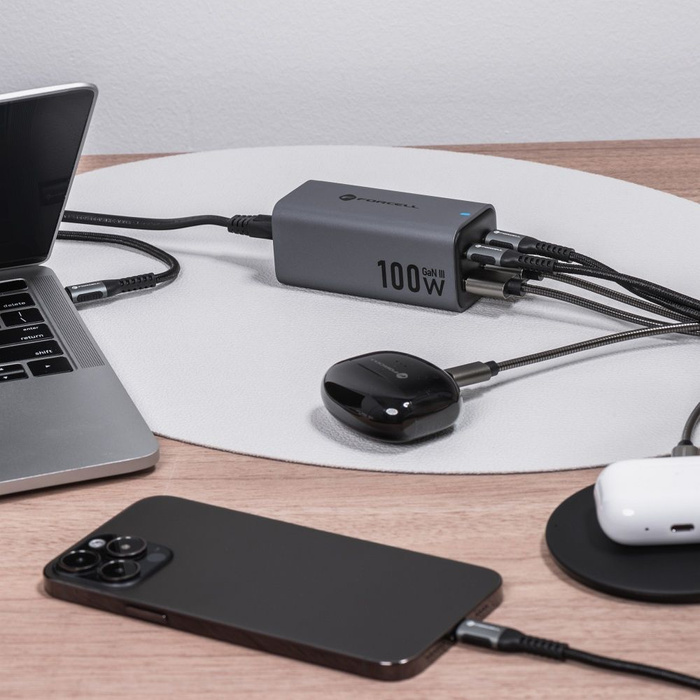 Ładowarka biurkowa Forcell F-Energy GaN III 2 x USB C + 2 x USB A QC4.0 PD 5A 100W VT-49 szara
