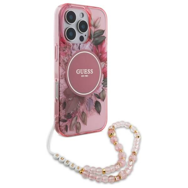 Etui Guess iPhone 16 Pro Max 6.9" różowy/pink hardcase IML Flowers With Pearl Strap MagSafe