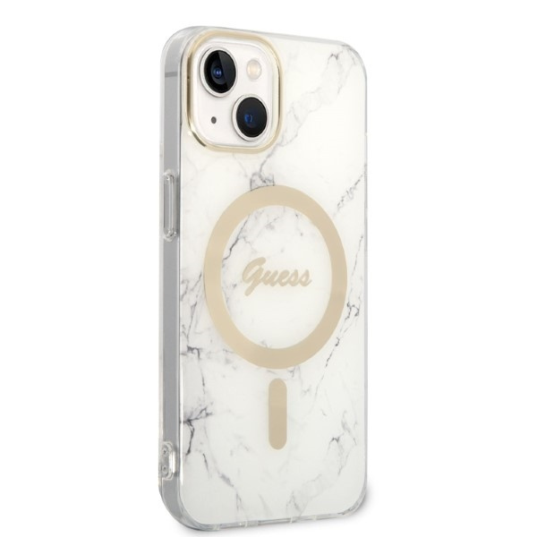 Zestaw Etui Guess Case+ Charger iPhone 14 Plus 6,7" biały/white hard case Marble MagSafe