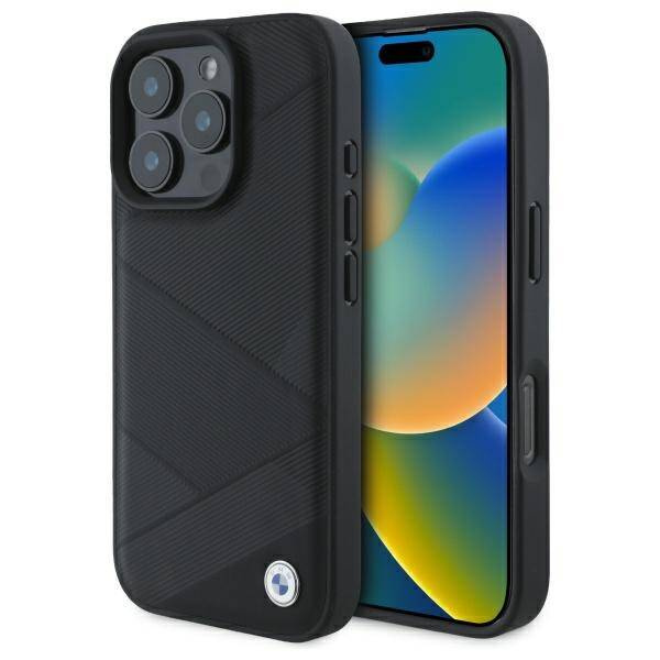 Etui BMW iPhone 16 Pro Max 6.9" czarny/black hardcase Sign Leather Crossing Lines Pattern