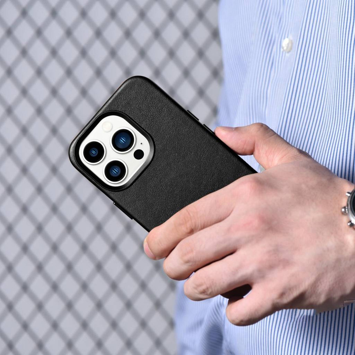 iCarer Case Leather pokrowiec etui z naturalnej skóry do iPhone 14 Pro Max czarny (WMI14220708-BK) (kompatybilne z MagSafe)