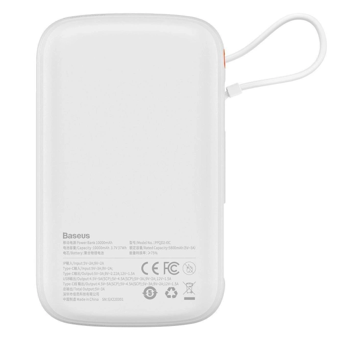 Powerbank Baseus Qpow Digital Display z szybkim ładowaniem 10000mAh 22,5W QC/PD/SCP/FCP z wbudowanym kablem USB-C biały