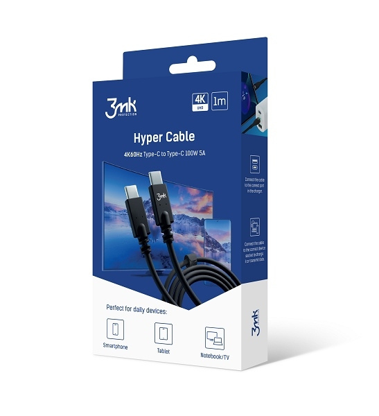 3MK Hyper Cable USB-C/USB-C 4K 60Hz kabel biały 1m 100W
