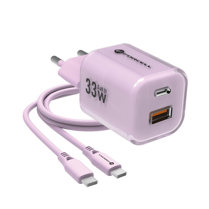 Ładowarka sieciowa do telefonu Forcell F-Energy GaN III Crystal Color USB C + USB A QC4.0 PD 33W + kabel USB C do USB C VT-41 fioletowa 0INT