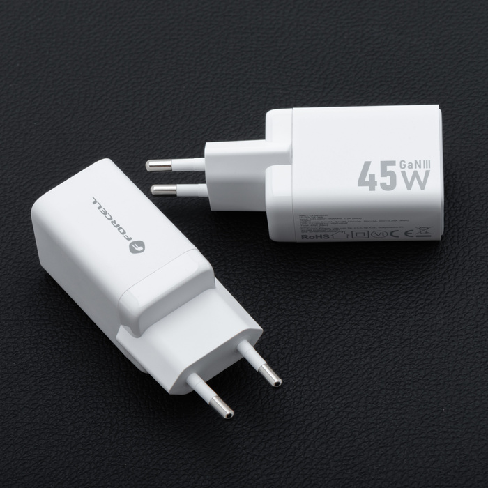 Ładowarka sieciowa do telefonu Forcell F-Energy Mini GaN III 2 x USB C PD QC4.0 45W VT-36B biała