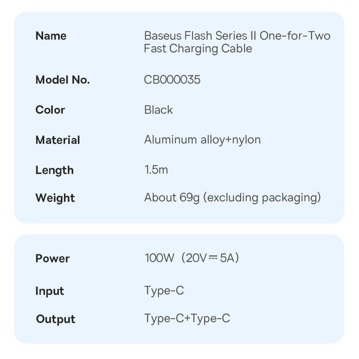 Baseus Flash Series Ⅱ kabel do szybkiego ładowania 2w1 USB-C - 2xUSB-C 100W 1.5m czarny
