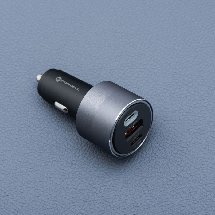 Ładowarka samochodowa Forcell F-Energy Alu 2 x USB C + USB A QC4.0 PD SFC2.0 3A 85W szara