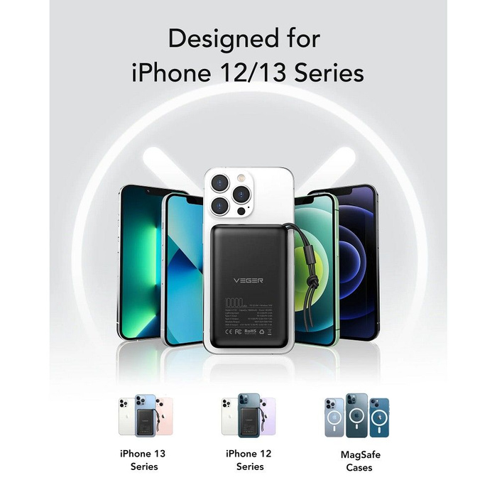 VEGER powerbank 10000 mAh z ładowaniem indukcyjnym kompatybilny z MagSafe PD QC3.0 2A 20W MagOn (VP1151 / W1151) czarny