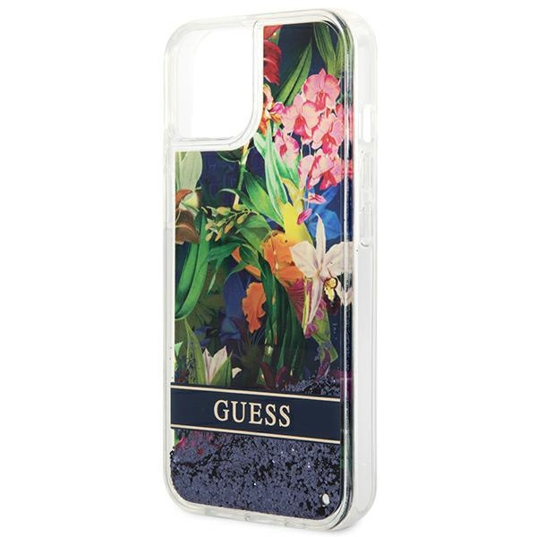 Etui GUESS Apple iPhone 14 Flower Liquid Glitter Niebieski Hardcase