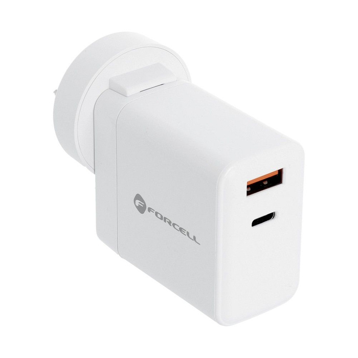 Ładowarka sieciowa do telefonu Forcell F-Energy 3w1 USB C + USB A QC4.0 PD 3A 45W z trzema wymiennymi wtyczkami (EU / UK / US) TFK-TC-45WPDAC biała