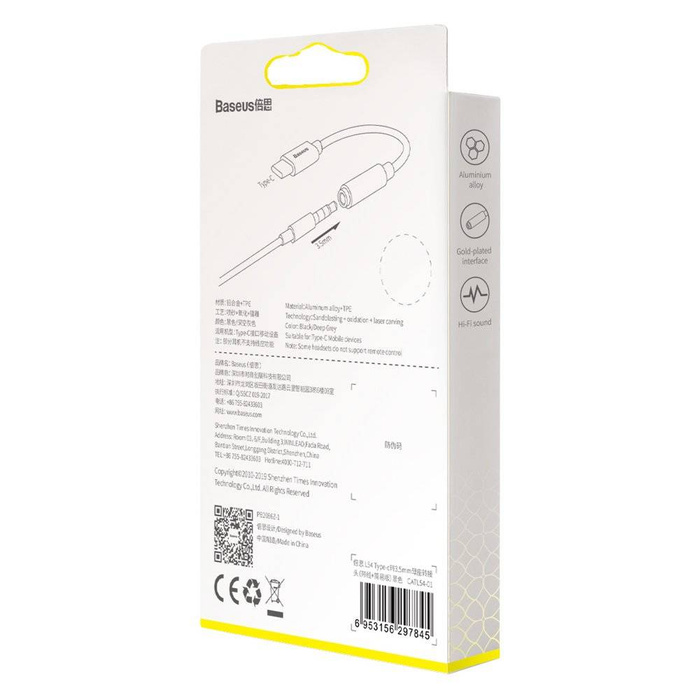 Baseus L54 adapter do słuchawek przejściówka z USB-C na gniazdo audio jack 3.5mm DAC 24 bit 48 KHz czarny (CATL54-01)