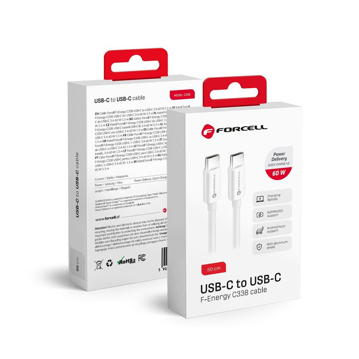 Kabel USB C do USB C Forcell F-Energy QC4.0 PD 3A 60W 0,5 m C338 biały