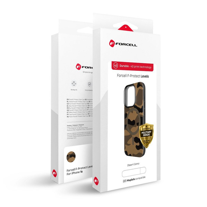 Etui na iPhone 16 PRO Forcell F-Protect Levels Dual Layer 4D technology zgodny z MagSafe Military Drop-Test desert camo