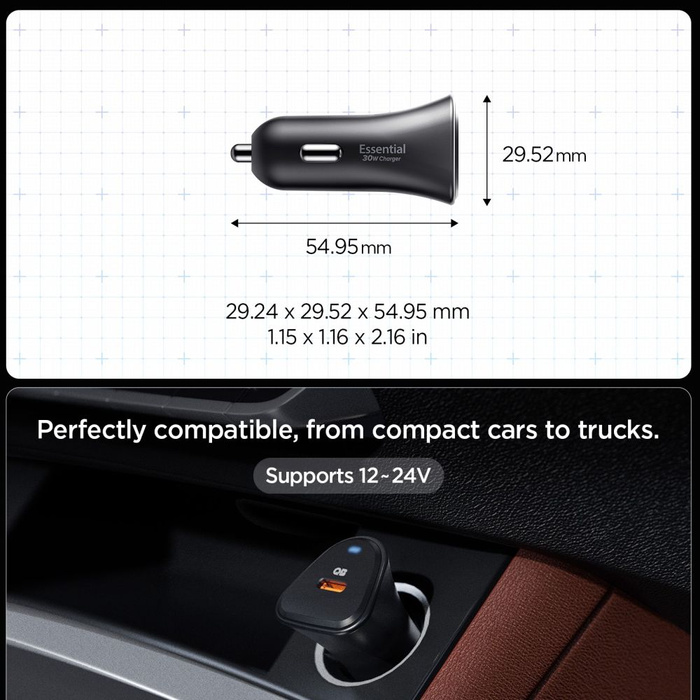 ŁADOWARKA SAMOCHODOWA SPIGEN ESSENTIAL EV301 1-PORT CAR CHARGER 30W BLACK