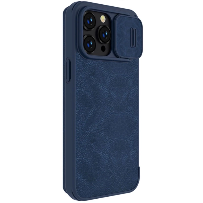 Etui Nillkin Qin Leather Pro Case etui iPhone 14 Pro Max osłona na aparat kabura pokrowiec obudowa z klapką niebieski