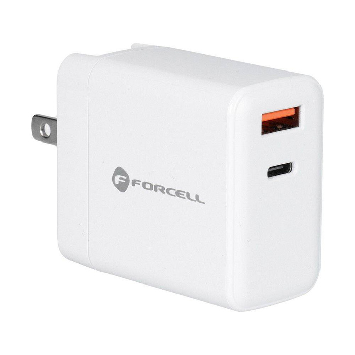 Ładowarka sieciowa do telefonu Forcell F-Energy 3w1 USB C + USB A QC4.0 PD 3A 45W z trzema wymiennymi wtyczkami (EU / UK / US) TFK-TC-45WPDAC biała