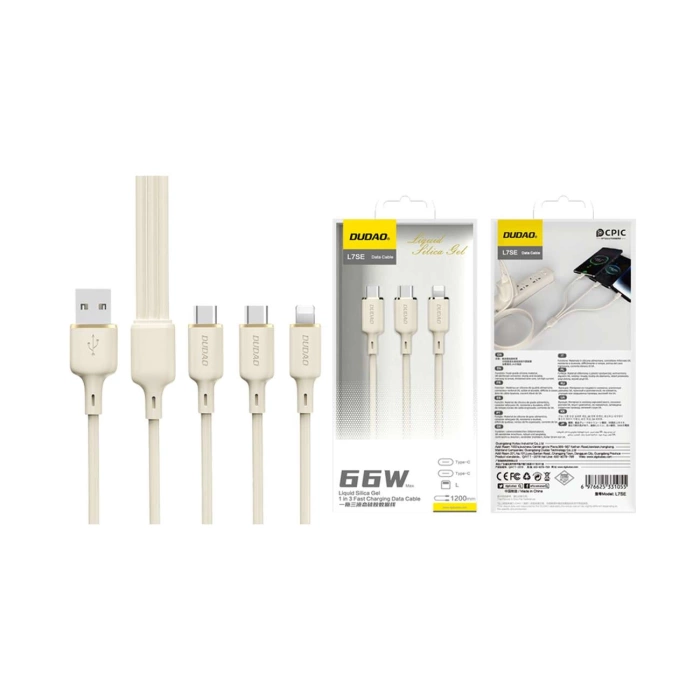 Kabel 3w1 Dudao L7SE USB-C - USB-C / Lightning / micro USB 66W 1.2m - beżowy