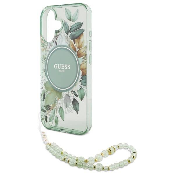 Etui Guess iPhone 16 6.1" zielony/green hardcase IML Flowers With Pearl Strap MagSafe