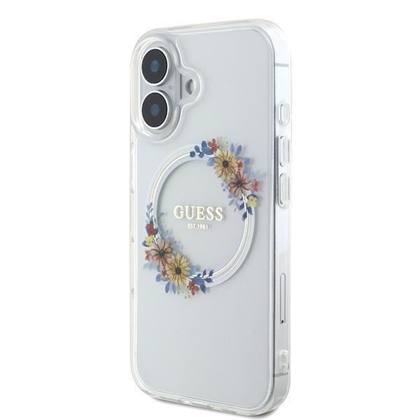 Etui Guess iPhone 16 Plus 6.7" przeźroczysty/transparent hardcase IML Flowers Wreath MagSafe