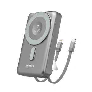 Powerbank Dudao K29 10000mAh PD 20W z MagSafe z metalową obudową, podstawką i wbudowanymi kablami USB-C/Lightning - szary