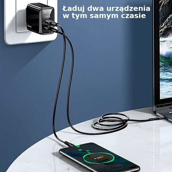 Ładowarka Sieciowa USAMS 1xUSB-C 1xUSB-A T40 20W LED PD3.0 QuickCharge3.0 Fast Charging Czarny
