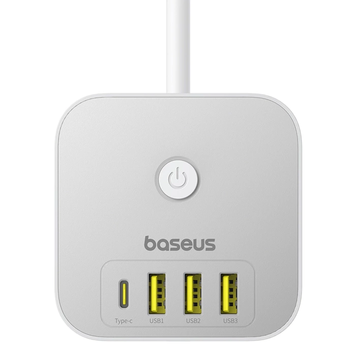 Kostka listwa zasilająca Baseus PowerCombo 7 w 1, 3 AC + 3 x USB-A + 1 x USB-C 20W 1,5 m - biała